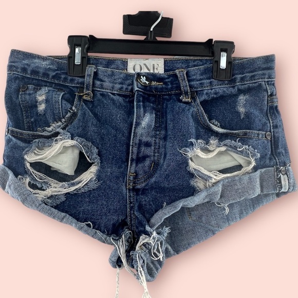 ONE TEASPOON BUTTON FLY DESTROYED CUFFED DENIM SHORTS 25 - Picture 1 of 4